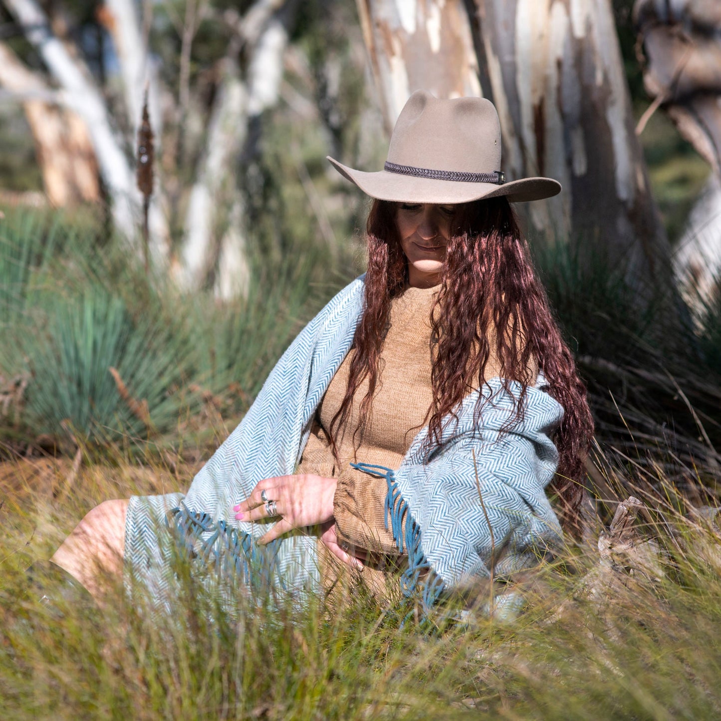 Blue Herringbone Throw in Nature