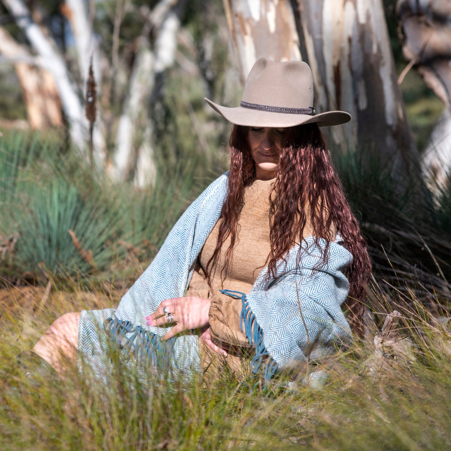 Blue Herringbone Throw in Nature
